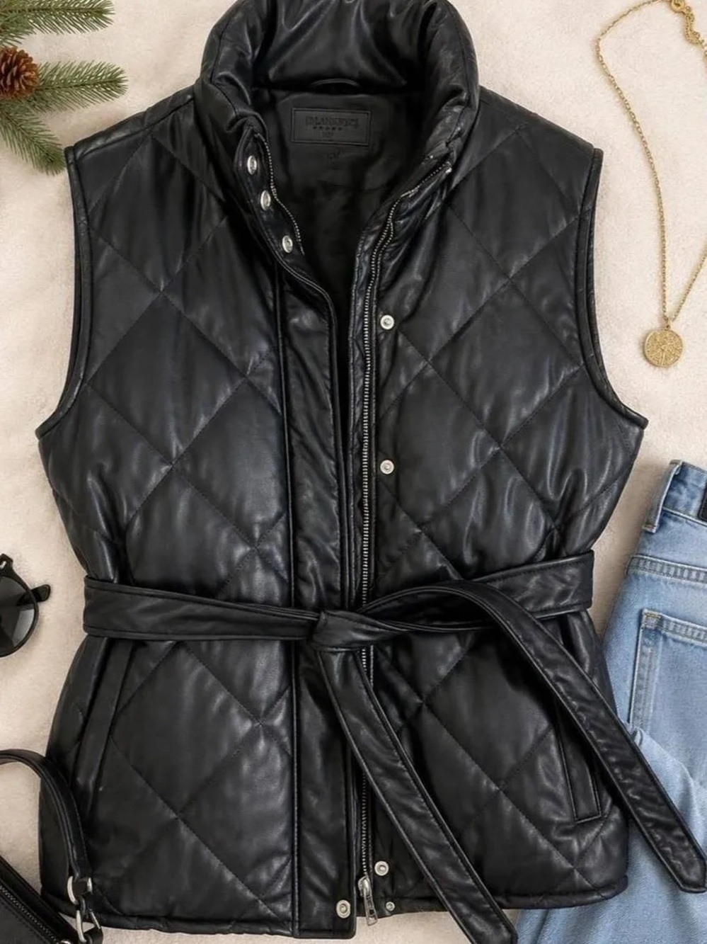 Blank NYC Black Quilted puffer Faux Leather Belted Vest